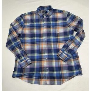 Chaps Oxford Shirt Mens Blue Plaid Stretch Cotton Button Down Long Sleeve
